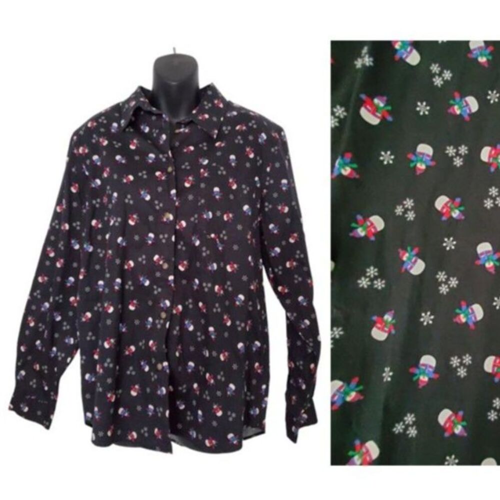 VNTG Karen Scott Christmas Snowman Print Button-Down Black Shirt Sz L Holiday